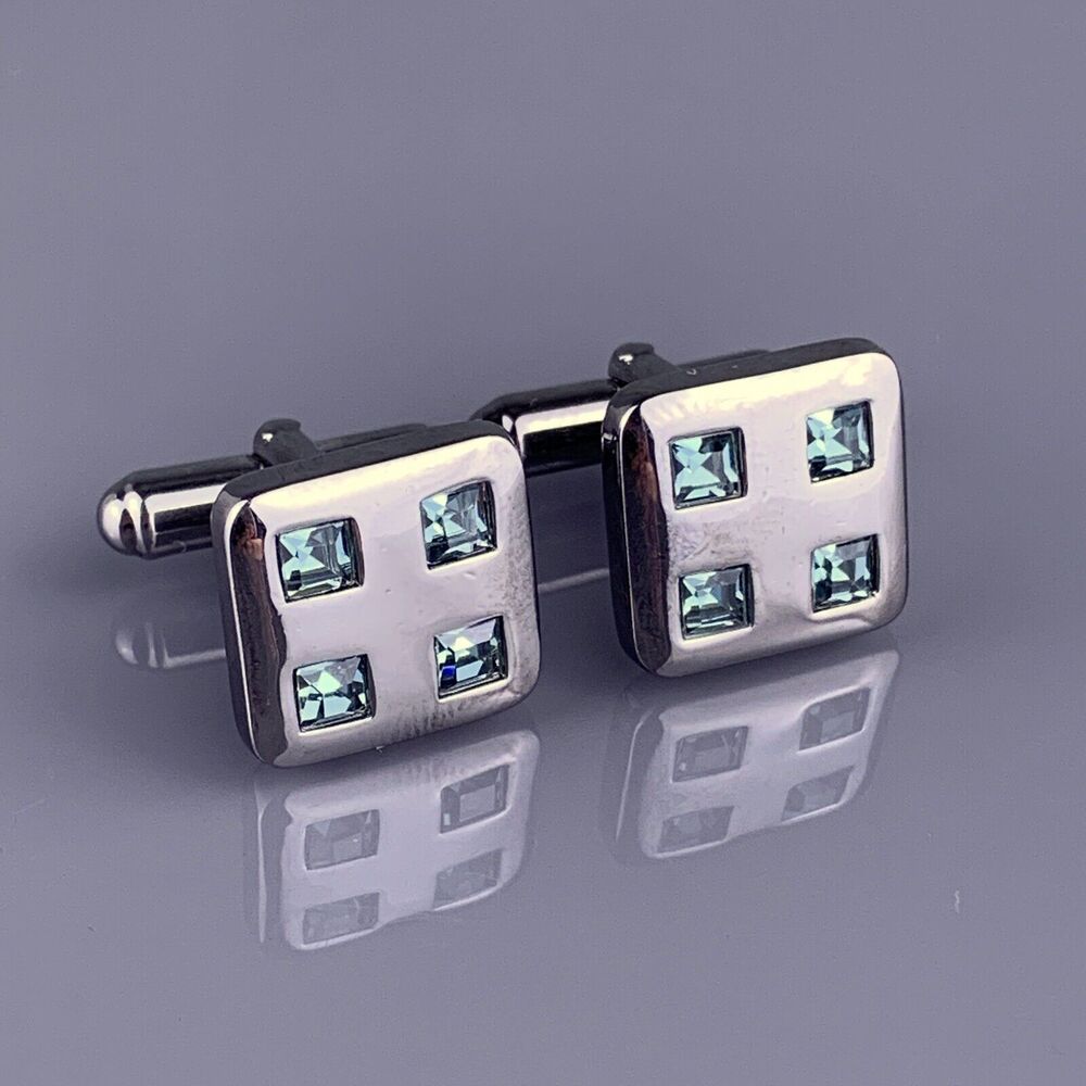 Teal Blue Swarovski Crystal Cufflinks Stainless Steel Small Square Vintage